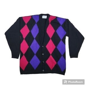 Vintage Miss Pendleton Argle Wool Black Cardigan Size L